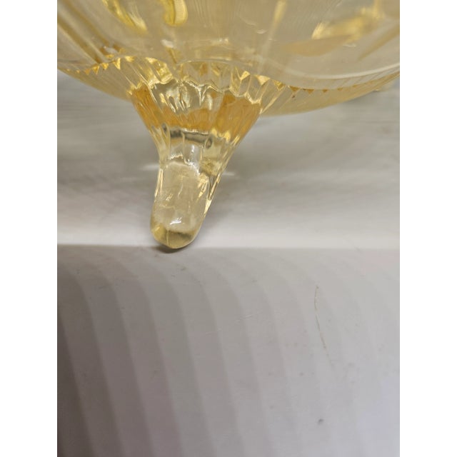 English Lancaster Kay Yellow Fruit Bowl Vintage Depression Glass Footed Yellow Depression Glass 3 Footed Bowl With Etched Pattern For Sale - Image 3 of 4