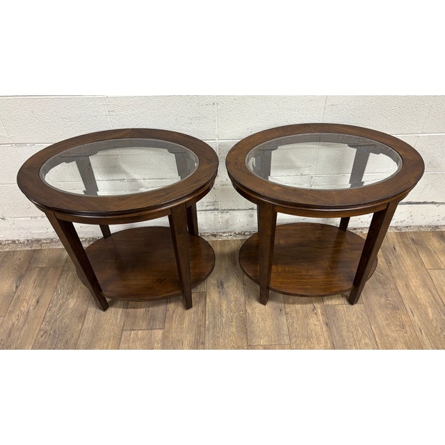 Vintage Kincaid Elise Glass Top Two Tier Oval Transitional Style Side Tables For Sale - Image 13 of 15