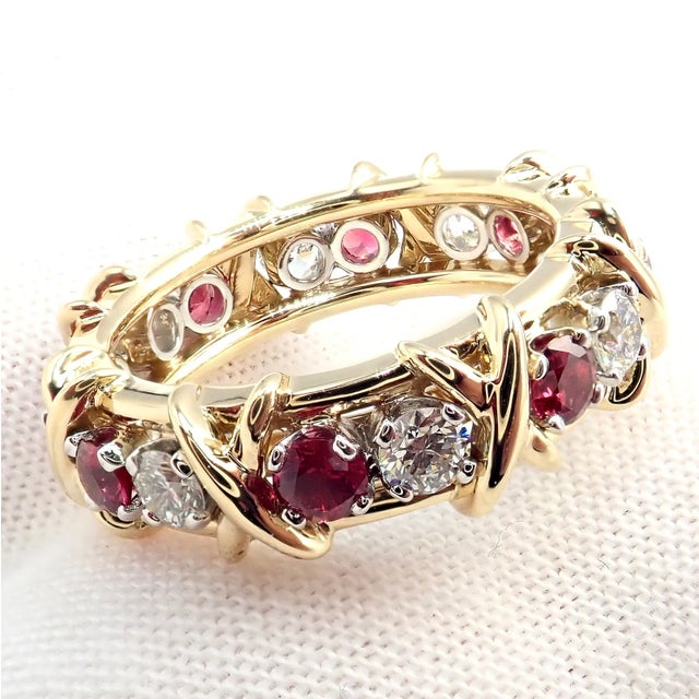 Tiffany & Co Schlumberger Gold Platinum 16 Stone Diamond Ruby Band Ring, Size 5 For Sale - Image 13 of 14