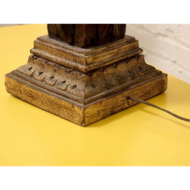 Vintage Hand-Carved Acanthus Wood Table Lamp With Linen Box Shade For Sale - Image 12 of 12
