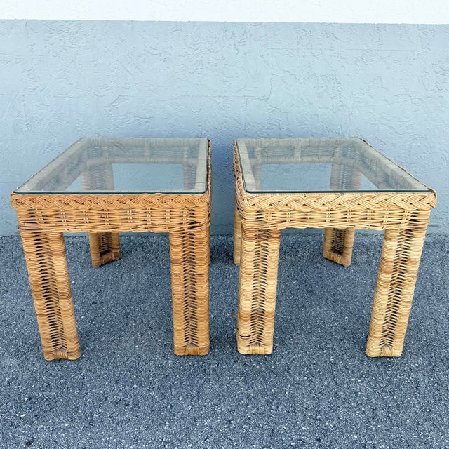 Mid 20th Century Boho Chic Woven Wicker Glass Top Side Tables - A Pair For Sale - Image 5 of 8