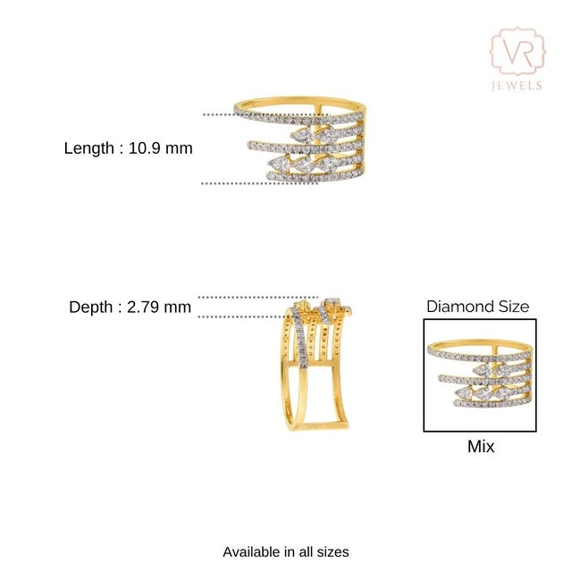 Luxury Multi-Row Diamond Open Cigar Cocktail Ring Size 7 in 14k Yellow Gold For Sale - Image 10 of 15