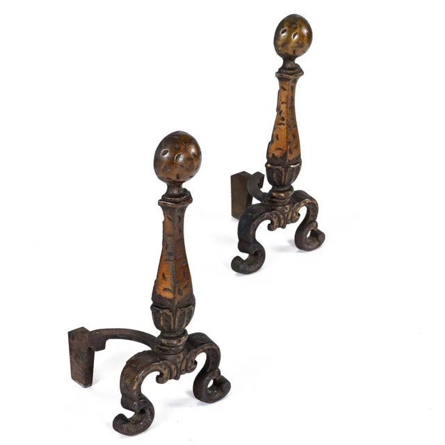 American Pair of Fire Dogs Andirons With Hammered Texture and Cannonball Crown For Sale - Image 3 of 8