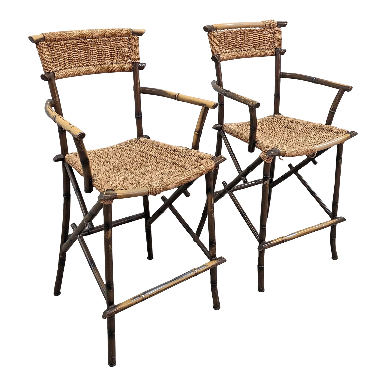 1990s Faux Bamboo Woven Rope Seat Counter Chairs Set of 2 Chairish