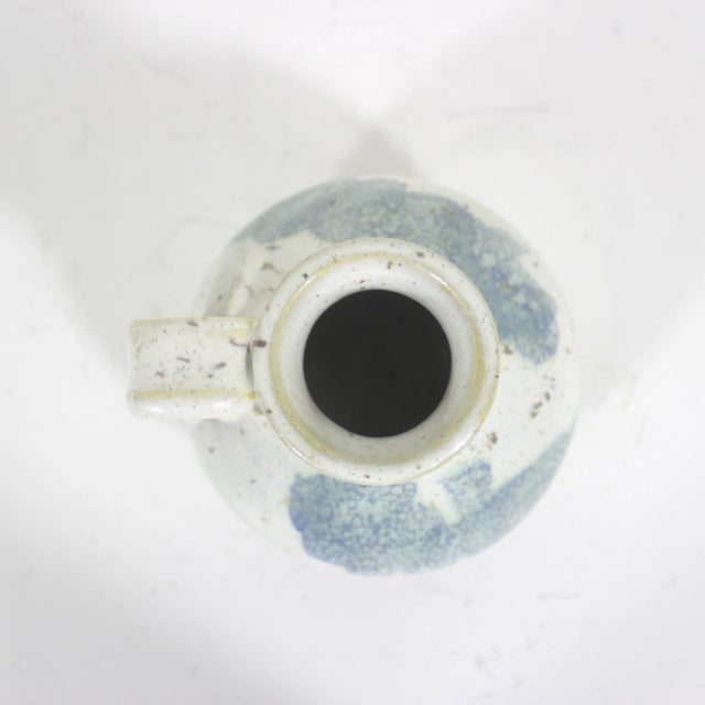 Late 20th Century Vintage Signed Studio Pottery Vase Small White Blue Organic Form Handle For Sale - Image 5 of 7