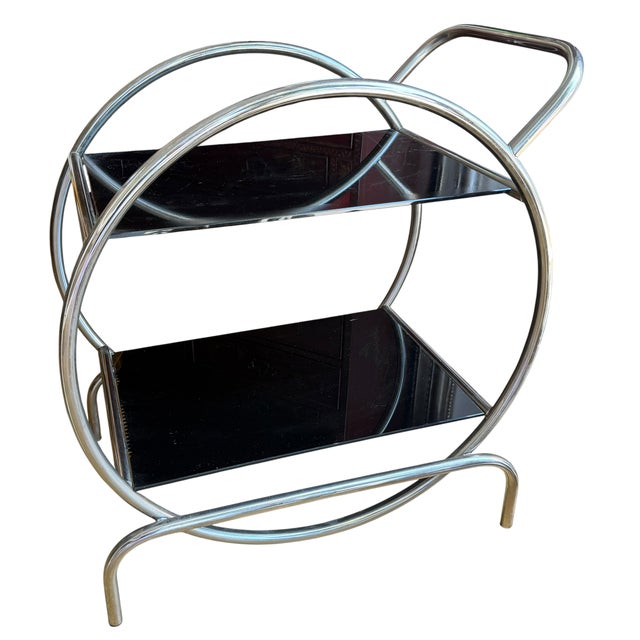 Art Deco Antique Art Deco Streamline Chrome Hoop & Black Glass Side Table For Sale - Image 3 of 5