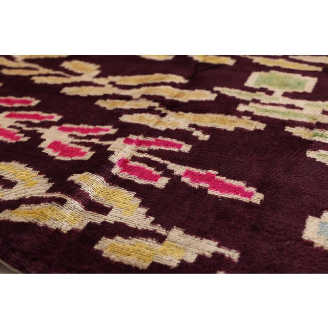 Luxury Handwoven Silk Velvet Ikat Pillow 20x20 Inch – Burgundy & Soft Pastel For Sale In San Francisco - Image 6 of 8