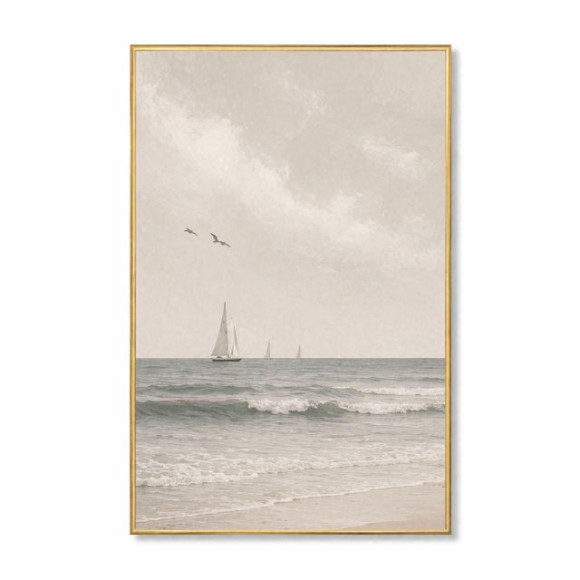 Minimalist coastal artwork featuring sailboats drifting across soft ocean waves beneath a textured sky. The composition...