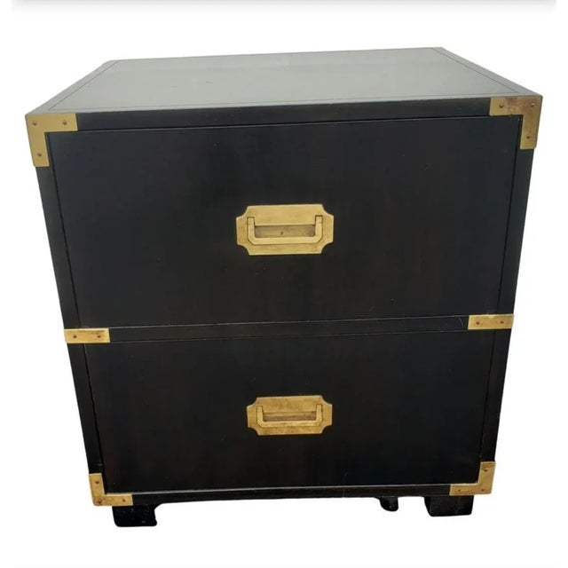 Baker Furniture Ebonized Mahogany and Brass Campaign Style Nightstand on Wheels For Sale - Image 10 of 10