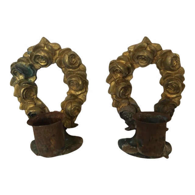 Antique French Brass Remnant Candlestick Holders - a Pair For Sale