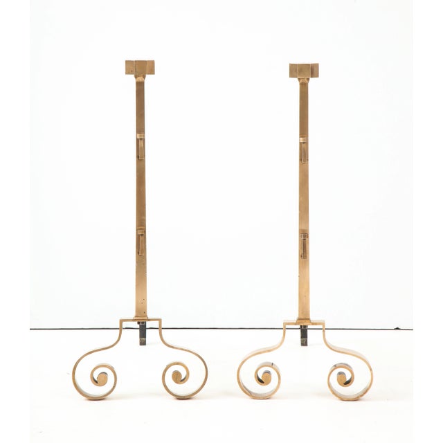 1940s Art Deco style solid rose brass large andirons, purchased from the original owner from an old mansion in Dallas Texas.