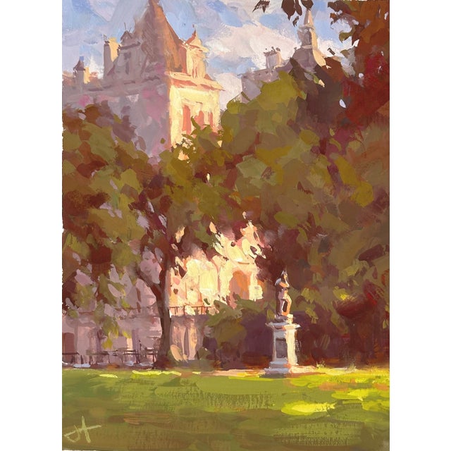 In "Surveying The Thames," a serene scene unfolds, capturing a sunlit park with lush greenery and a statue subtly...