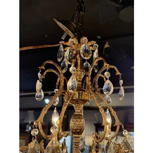 Vintage Brass & Crystal Eight Light French Style Chandelier Pineapple Motif For Sale - Image 4 of 12