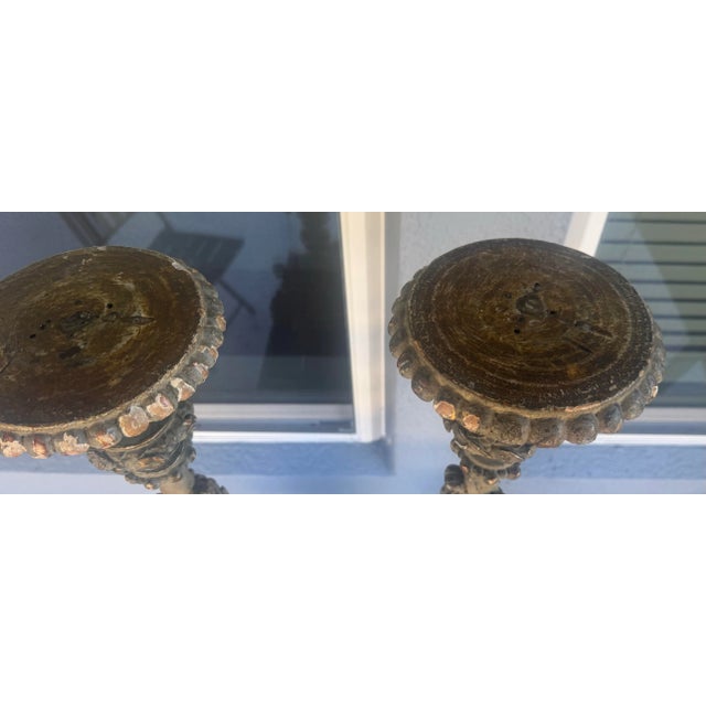 Brass Pair of Antique 18th Century Parcel Paint and Gilt Wood Candlesticks 40 Inches For Sale - Image 8 of 12