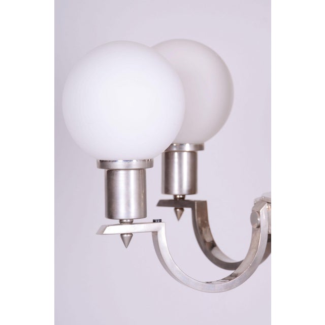 Art Deco Chandelier in Nickel, Steel and Opaline Glass, Czech, 1920s For Sale - Image 3 of 10