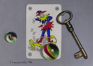 Marbles and Mischief by Irene Georgopoulou | Soft pastels on paper featuring marbles and a playing card.