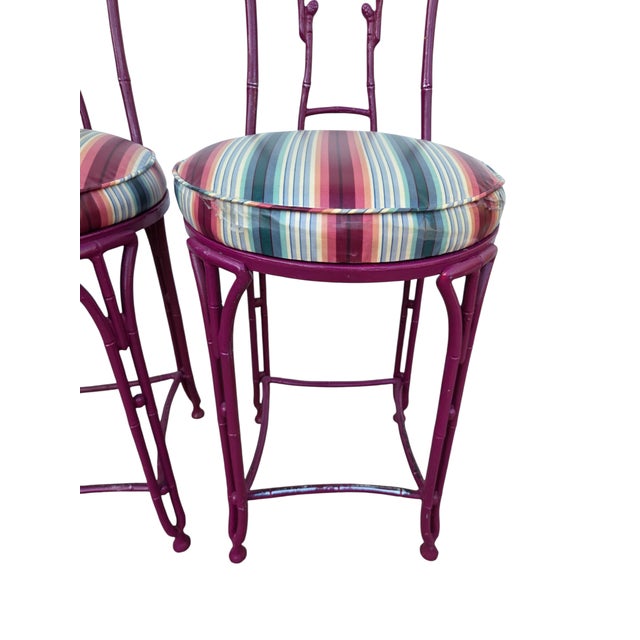 Chinese 2 Vintage Chinese Chippendale Regency Side Chair Counter Stools Aluminum Bamboo For Sale - Image 3 of 16