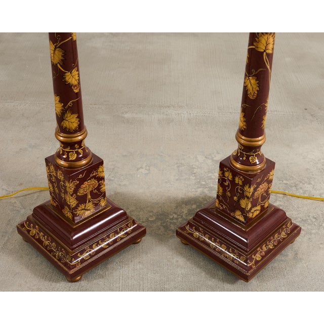 Late 20th Century Lacquered Wood Chinoiserie Gilt Decorated Floor Lamps - a Pair For Sale In Sacramento - Image 6 of 18
