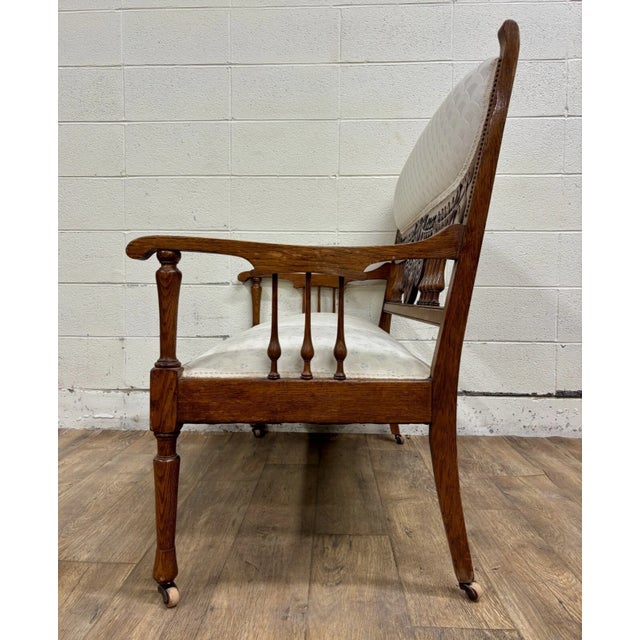White Antique Carved Spindle Back Carved Upholstered Settee For Sale - Image 8 of 10