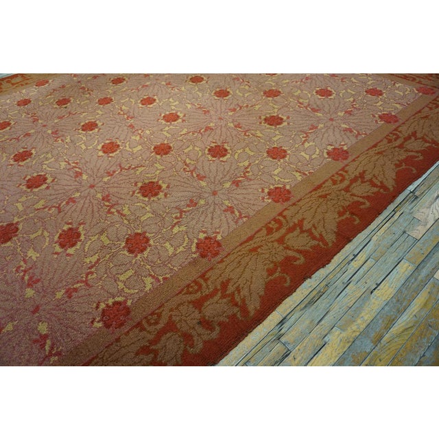 1920s Pink Rose Geometric Antique Irish Donegal Arts & Crafts Rug 10'8" X 13'3" Handknotted Wool Carpet For Sale - Image 4 of 7