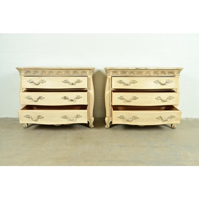Late 20th Century Henredon French Rococo Louis XV Carved Oak and Silver Gilt Marble Top Commodes or Chests of Drawers, Pair For Sale - Image 5 of 16