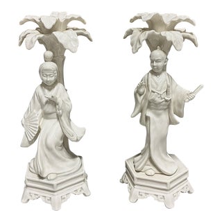 Blanc De Chine Regency Style Chinoiserie Candlesticks by Fitz & Floyd - S/2 For Sale