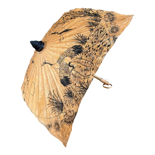 Vintage Japanese Hand Painted Bamboo and Paper Parasol For Sale