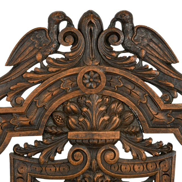 Wood Antique Pair of Carved Walnut Jacobean Revival Throne Chairs With Red Leather Seats For Sale - Image 7 of 16