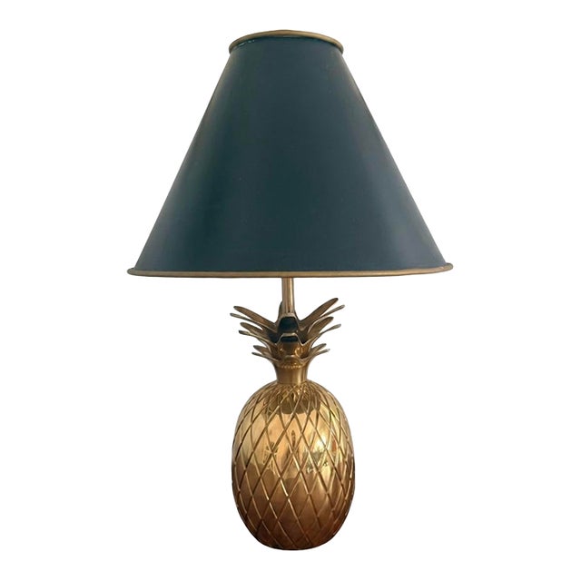 Petite Brass Pineapple Lamp With Black Tole Shade For Sale