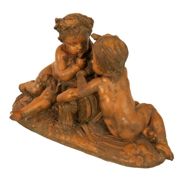 French Antique 19thC French Naturalism Terracotta Sculpture "La Source" Putti Sculpture by Albert-Ernest Carrier-Belleuse, For Sale - Image 3 of 15