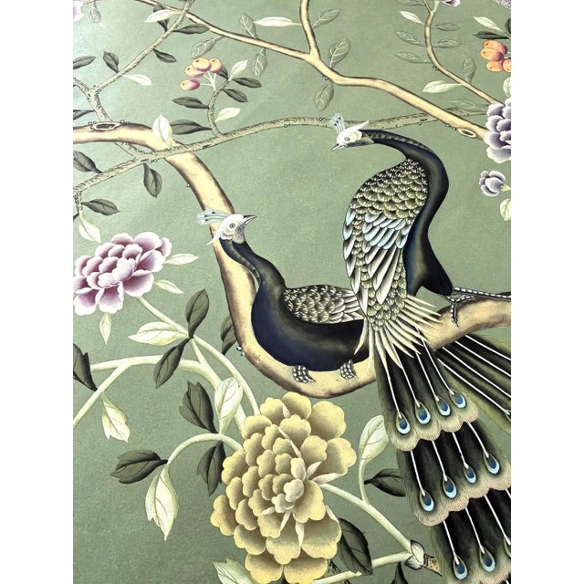 Not Yet Made - Made To Order W18"* H36", Emerald Green Peacock Peony 2-Panel Chinoiserie Wallpaper Panels, No Frame, Tea Paper For Sale - Image 5 of 5