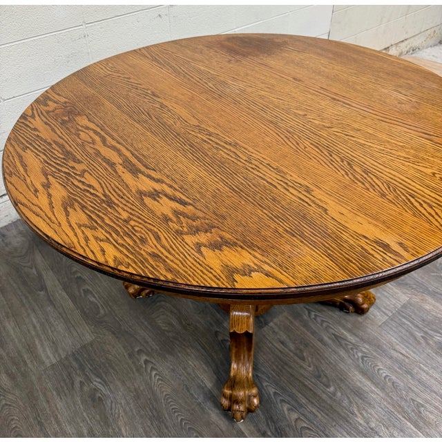 Vintage 48 Inch Round Quarter Sawn Oak Lion Paw Claw Foot Pedestal Dining Table For Sale - Image 9 of 16