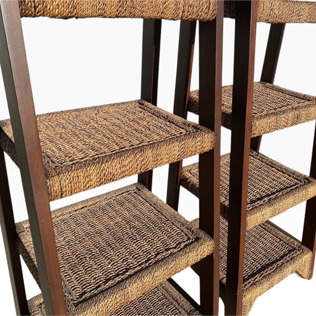 Chestnut Pair of Mid-Century Wood and Woven Rush Etageres, 20th Century For Sale - Image 8 of 18