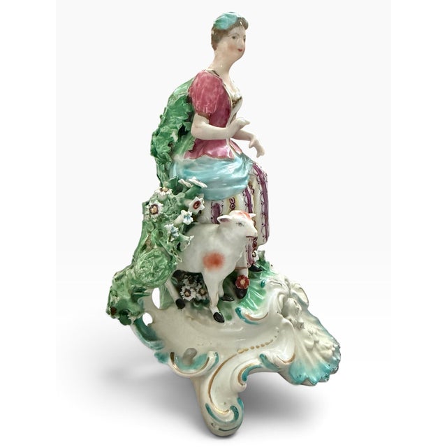 Rococo Antique Chelsea-Derby Style Porcelain Shepherdess With Lamb, Incised N Mark For Sale - Image 3 of 8