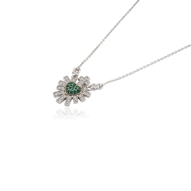 Celestial 14k White Gold Emerald Diamond Sacred Heart Cross Pendant Necklace For Sale - Image 4 of 15