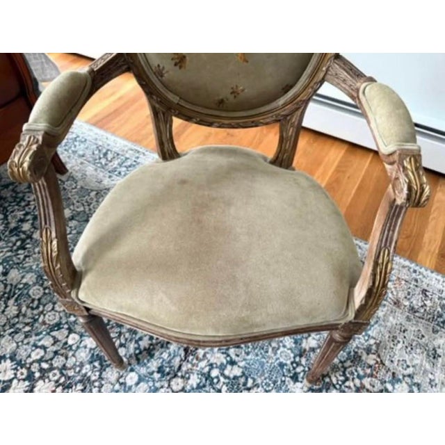 Mid 20th Century French Louis XVI Style Giltwood Armchair With Oval Medallion Back, Hand-Painted Floral Upholstery For Sale - Image 4 of 5