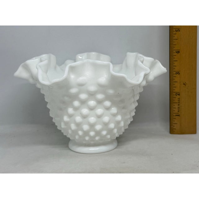 Ruffled Rim Hobnail White Milk Glass Bowl Vase — Vintage 6.5" Wide For Sale - Image 11 of 12