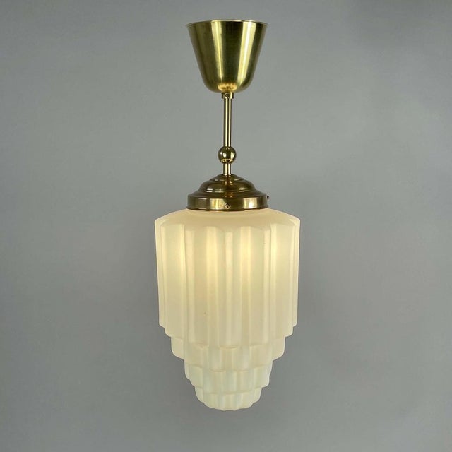 Art Deco White Opaline Glass and Brass Skyscraper Pendant Light, 1930s For Sale - Image 9 of 13
