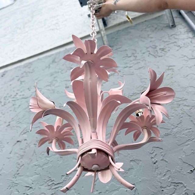 Vintage Italian Pink Tole Chandelier/Pendant Lamp For Sale In West Palm - Image 6 of 8