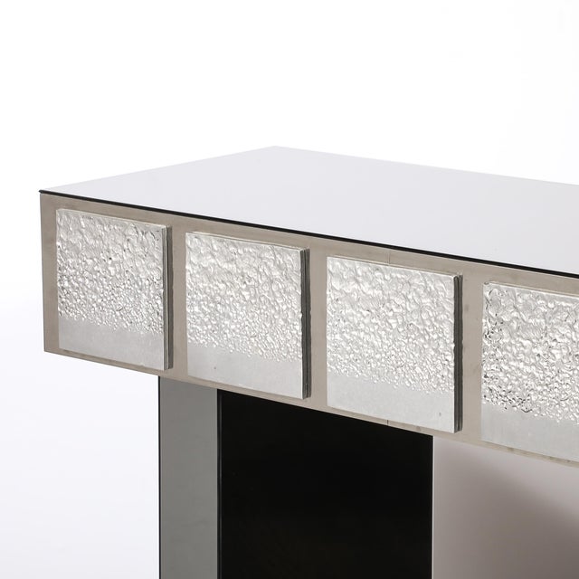 Modernist Mirrored & Polished Steel Console Table W/ Brutalist Tile Motif For Sale - Image 11 of 18