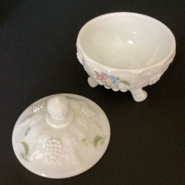 Glass Westmoreland Vintage 1950’s Milk Glass Covered Candy Jar Round Vanity Jar Floral Footed For Sale - Image 7 of 8