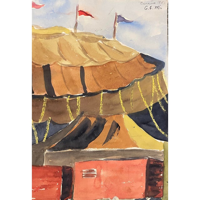 Circa 1951 watercolor of a circus tent complete with some carnies by Northwest artist GE Matthews. Signed and dated upper...