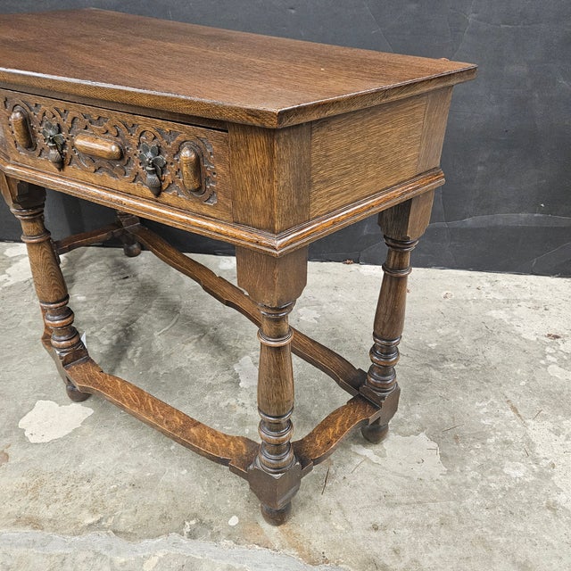 Vintage English Oak 2 Drawer Console Table With Shaped Front For Sale - Image 13 of 17