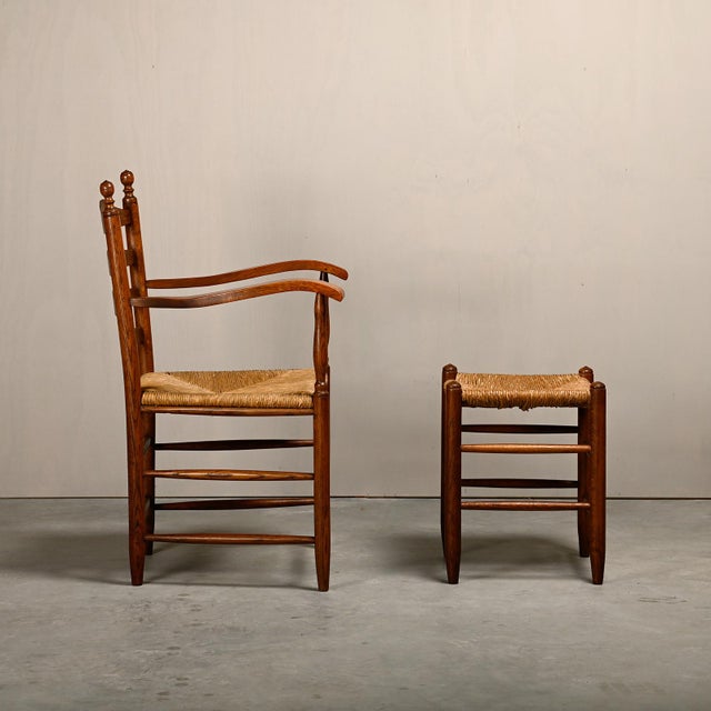 Set of Rustic Armchair and Stool in Stained Oak and Rush, 1950s For Sale - Image 4 of 18