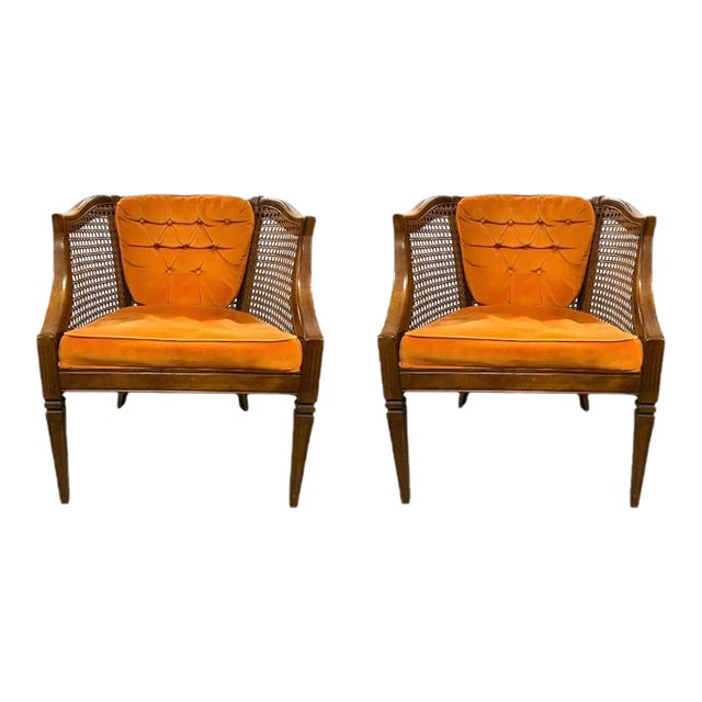 Pair of Mid-Century Caned Barrel Back Chairs With Persimmon Velvet Upholstery For Sale