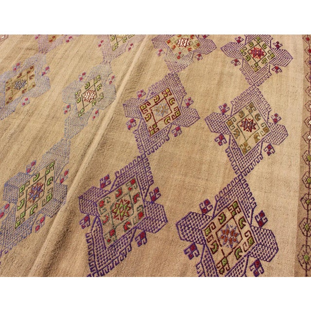 Mid 20th Century Kilim Rug With Embroidered Purple Diamonds and Star Border For Sale - Image 5 of 13