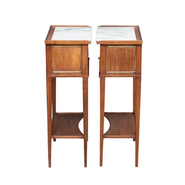 Wood Pair of French Nightstands or Bedside Tables of Mahogany With Inset Marble Tops For Sale - Image 7 of 12