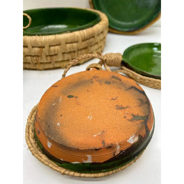 Vintage French Green Ceramic Glazed Bowls with Straw Base, 1970s, Set of 5 For Sale - Image 9 of 12