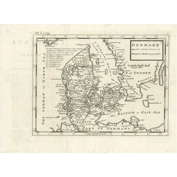 Antique Map of Denmark by Moll, 1730 For Sale - Image 5 of 5