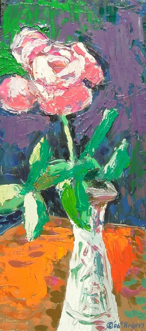 Contemporary Expressionist Still Life Rose in White Vase Oil Painting